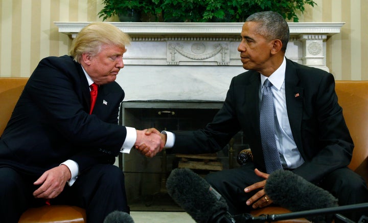 President-elect Donald Trump and President Barack Obama shake hands in the Oval Office on Nov. 10. Neither of them is smiling