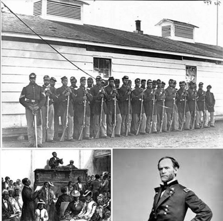 Top: Company E, 4th U.S. Colored Infantry, at Fort Lincoln
Bottom Left: A Negro Congregation, Washington, DC
Bottom Right: