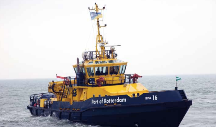 A hybrid diesel-electric tugboat, E-Kotug, being tested by Port of Rotterdam in an effort to reduce shipping emissions and improve and air quality.