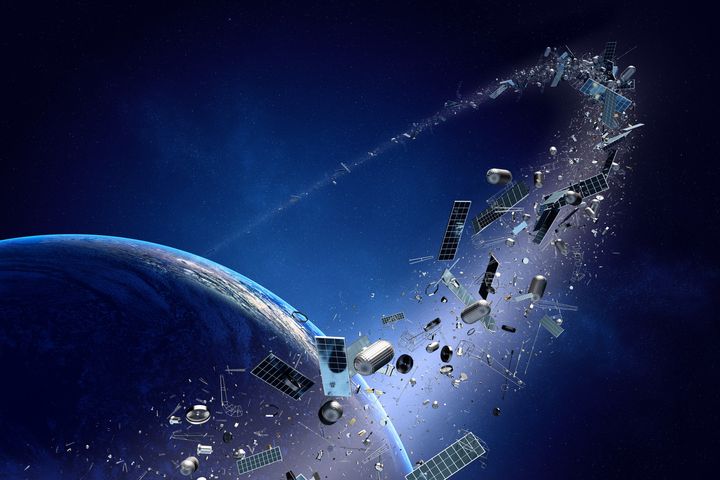 Illustration of space junk orbiting around Earth.