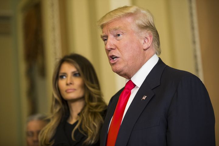 U.S. President-elect Donald Trump, with his wife Melania, speaks after meeting with Senate Majority Leader Mitch McConnell two days after winning the 2016 election.