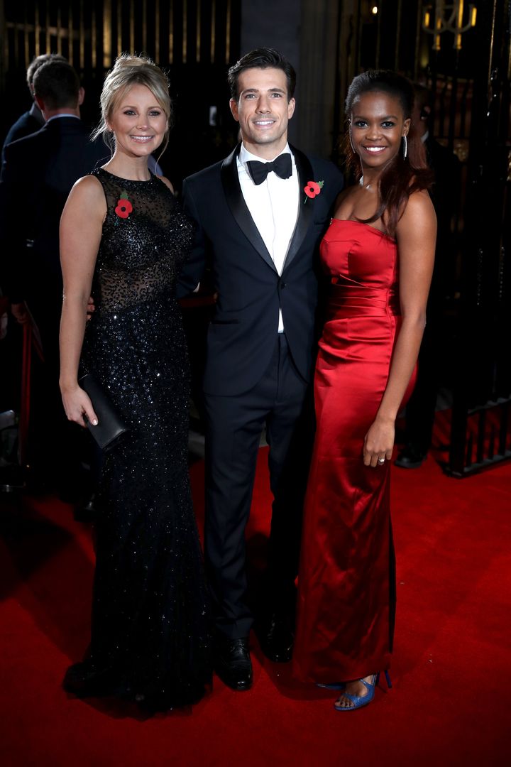 Danny Mac with his fiancée actress Carley Stenson (left) and Oti Mabuse.