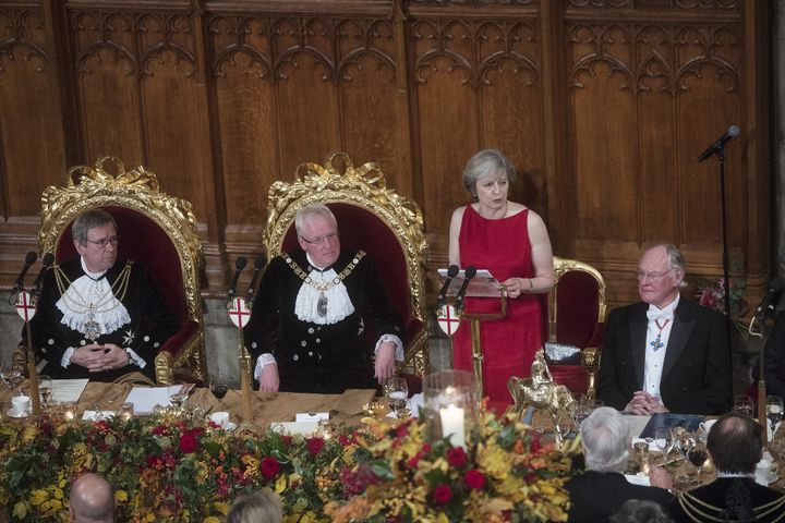Theresa May, U.K. prime minister, speaks during the annual Lord Mayor's Banquet at the Guildhall, in the square mile financial district of the City of London, U.K