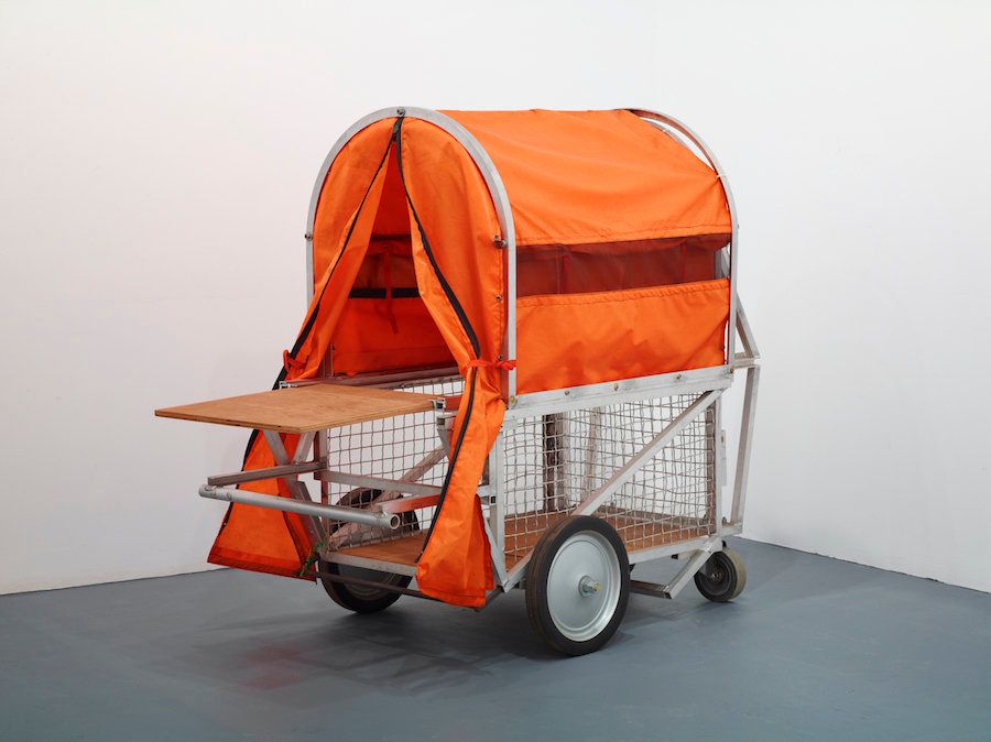 Krzysztof Wodiczko, "Homeless Vehicle, Variant 5," c. 1985. Aluminum, fabric, wire cage, and hardware
