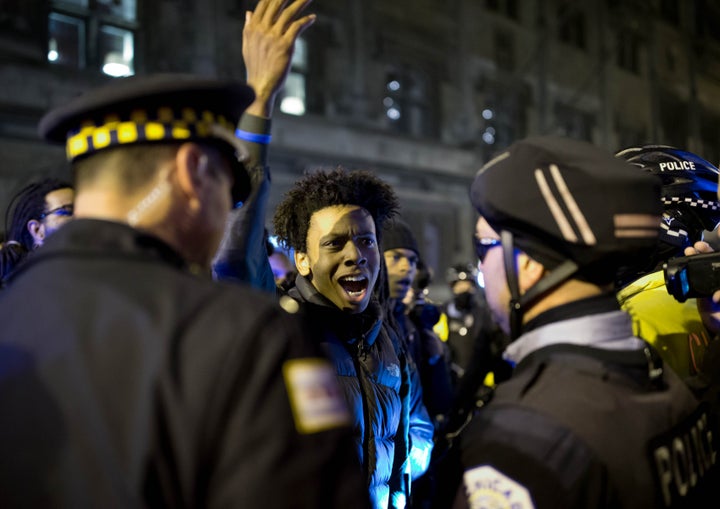 Protesters clash with the law enforcement during a 2015 protest of the police killing of Laquan McDonald in downtown Chicago.