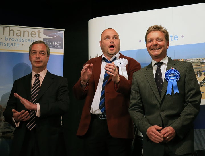 Ukip's Nigel Farage, The Pub Landlord and Craig Mackinlay receive the results for the South Thanet constituency.