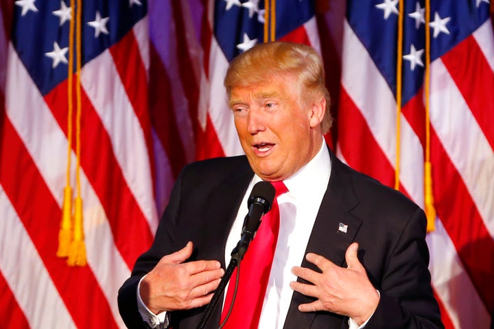 NEW YORK CITY - NOVEMBER 9: Donald Trump speaks to supporters as he celebrates his Presidential win at his election night event at the New York Hilton Midtown in New York City on Nov. 9, 2016. Republican Trump defeated Democrat Hillary Clinton to be elected the 45th President of the United States.