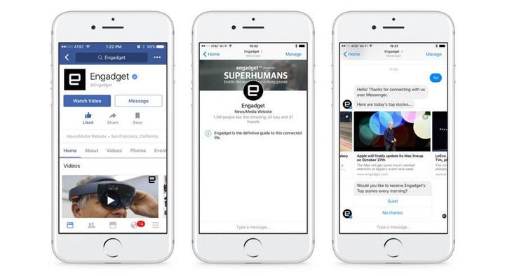 Images of the Engadget bot for Facebook Messenger.