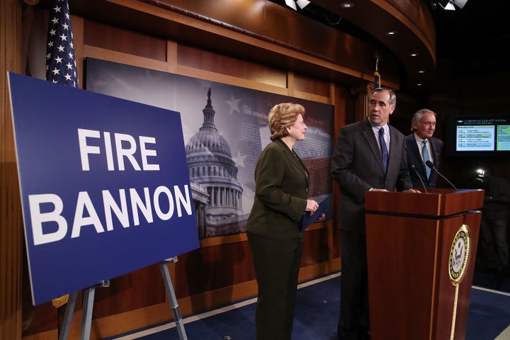 Sen. Jeff Merkley (D-Ore.) stands with Sen. Debbie Stabenow (D-Mich.), and Sen. Ed Markey (D-Mass.) Tuesday as he calls on President-elect Donald Trump to fire Steve Bannon.