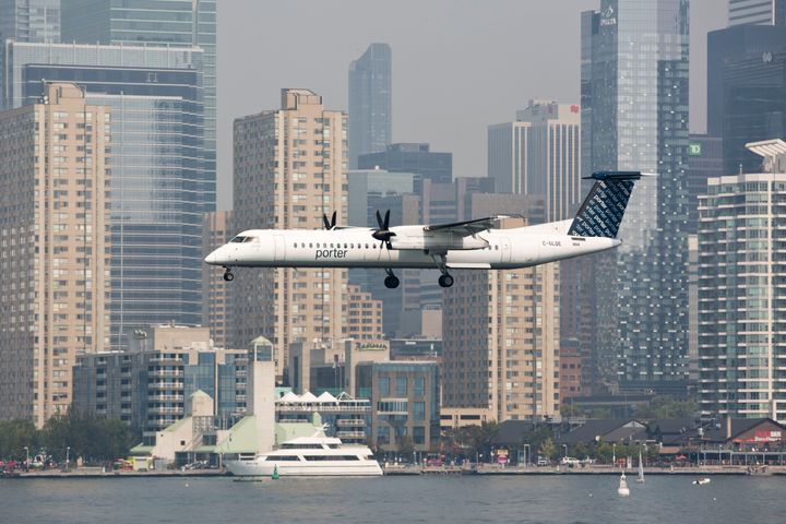 A Porter AIrlines aircraft similar to the one in this image took evasive action on Monday to avoid an unidentified flying object, possibly a drone or balloon, while descending into the Toronto area.