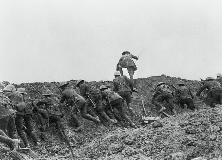 Troops scramble over the top during the Battle of the Somme
