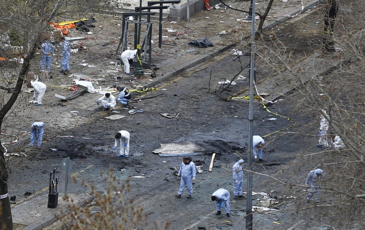 <strong>Terrorist attacks on the West have increased by 650% in a year, according to a study; the aftermath of an attack in Ankara, Turkey, in March is seen above</strong>