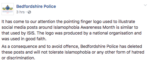 Bedfordshire Police removed the posts in order to 'avoid offence'