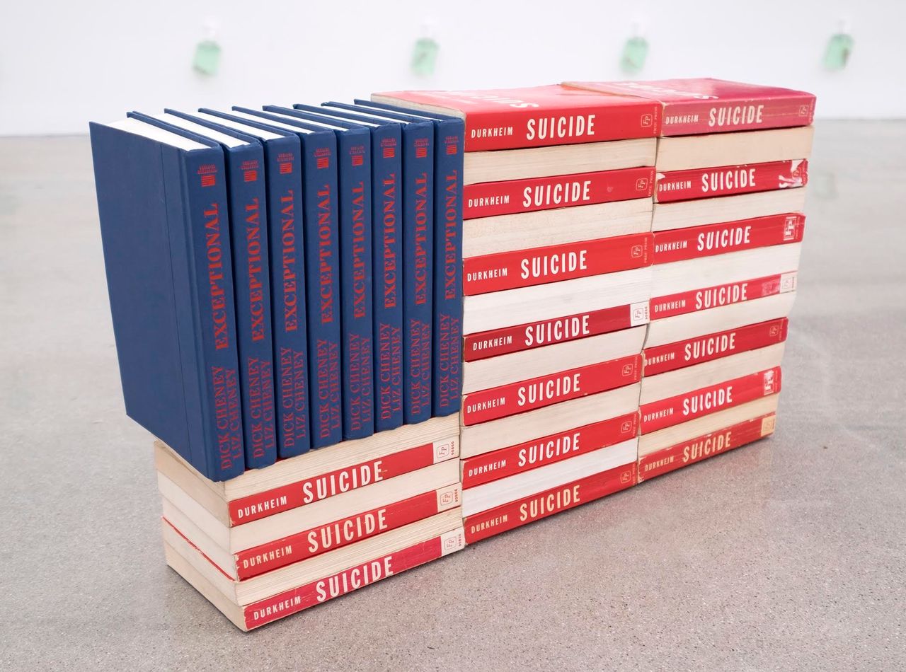 Eric Yahnker, "Exceptional Suicide," 2015, books, 14 x 25 x 6.5 in.