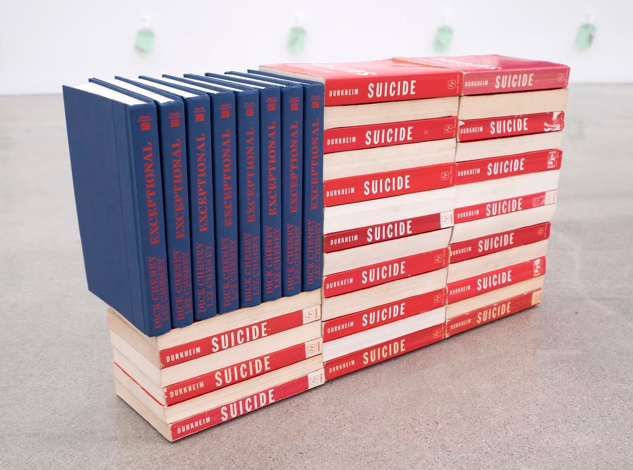 Eric Yahnker, "Exceptional Suicide," 2015, books, 14 x 25 x 6.5 in.