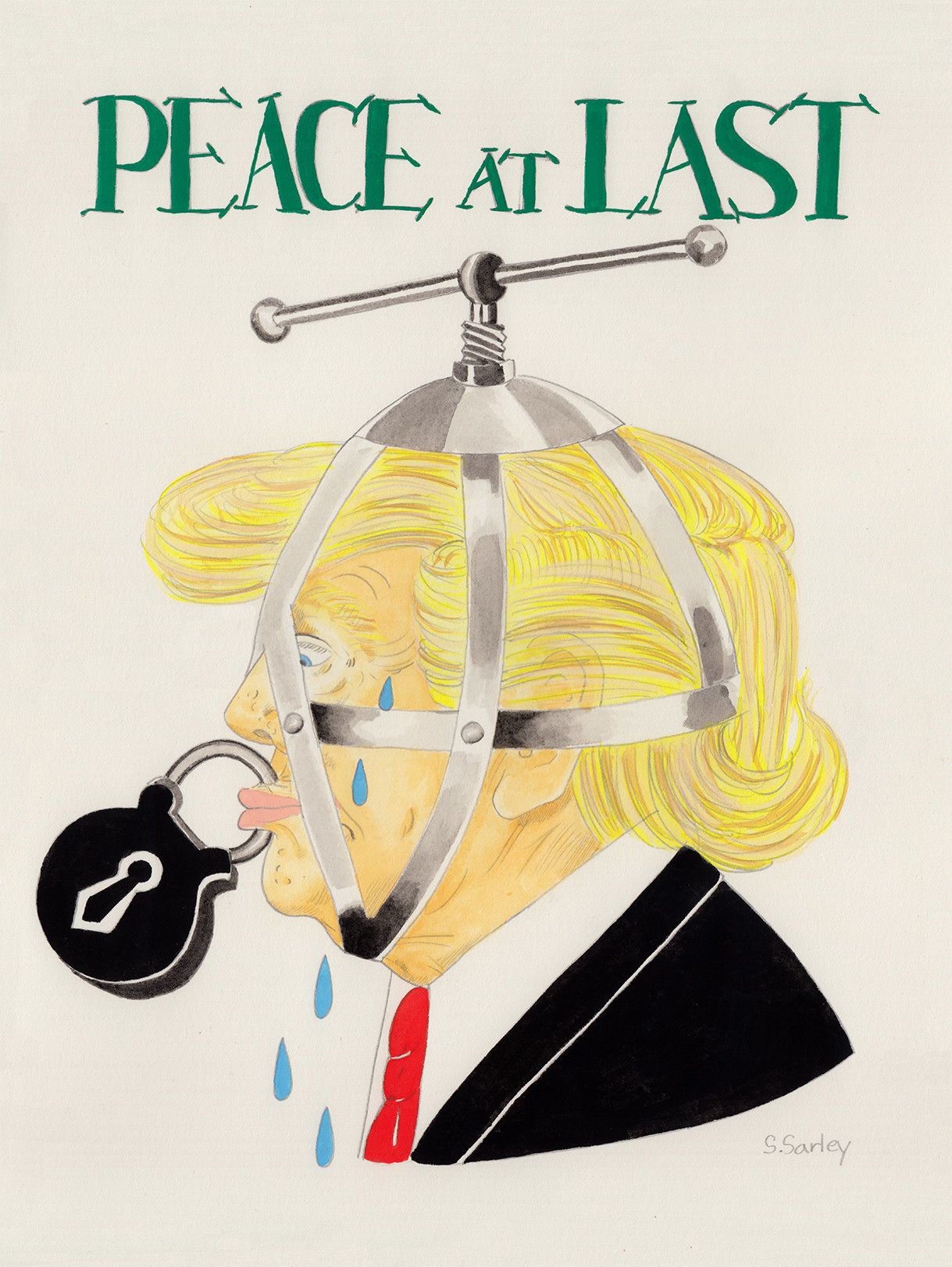 Stephanie Sarley, "Peace At Last, Gouache, 2016, 9 x 12. Based on a anti-suffragette poster.