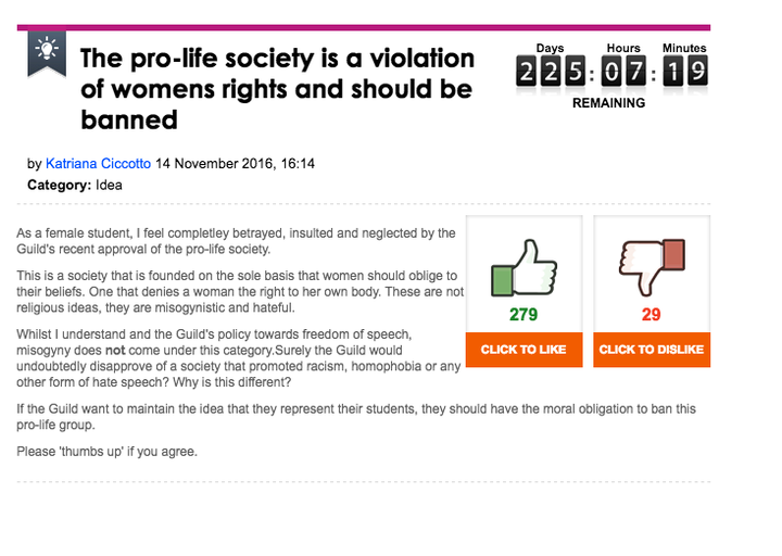 The student's petition to ban the pro-life society has been up-voted almost 300 times 