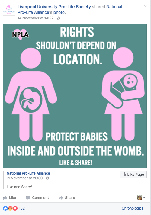 A post on the pro-life society's Facebook page 