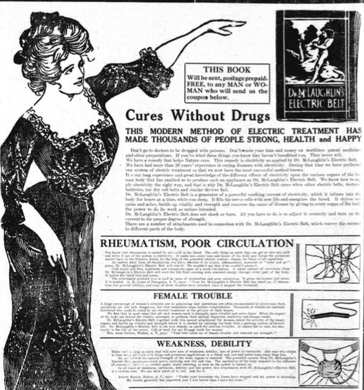 A 1910 ad for Dr. McLaughlin’s Electric Belt, published in <em>The Daily Arizona Silver Belt</em>