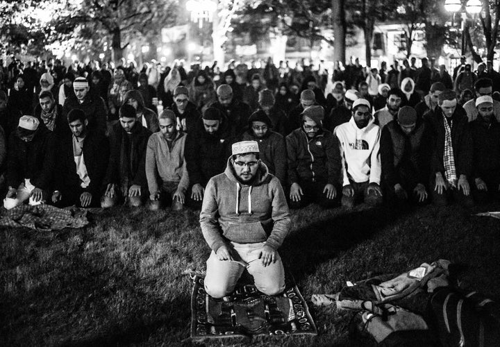 Muslim students at the University of Michigan pray the Ishaa prayer on campus.
