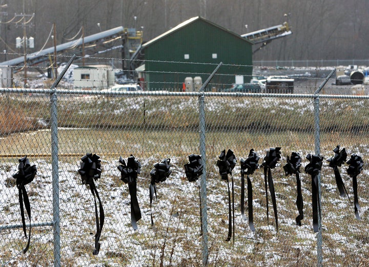 Twelve ribbons line a fence in front of the Sago Mine in Sago, West Virginia, in 2006.