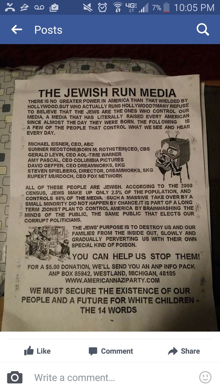 A photograph of one of the reported anti-Semitic leaflets found in Missoula, Montana.