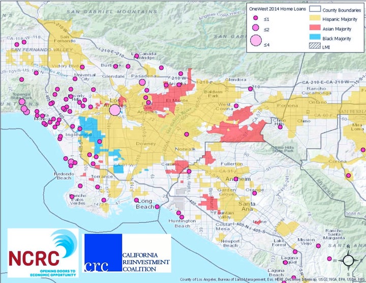 A map included in the complaint shows OneWest's home loans, represented with pink dots, avoided neighborhoods where the majority of residents were Latino (yellow), Asian (red) or black (blue).