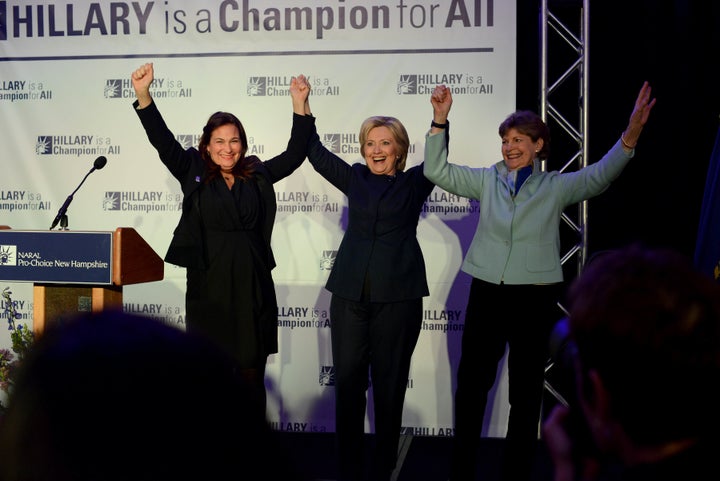 Ilyse Hogue, left, appeared with Hillary Clinton and Sen. Jeanne Shaheen (D-NH) at a NARAL event in January. 