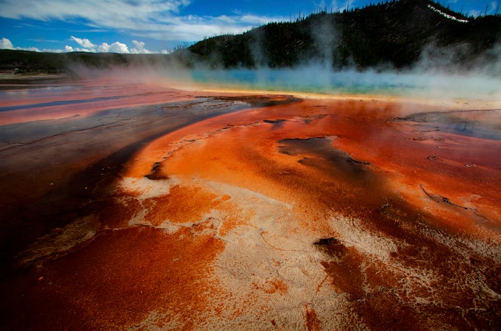 The Grand Prismatic Spring, the largest in the United States and third largest in the world, and it's colored bacteria and microbial mats in Yellowstone National Park