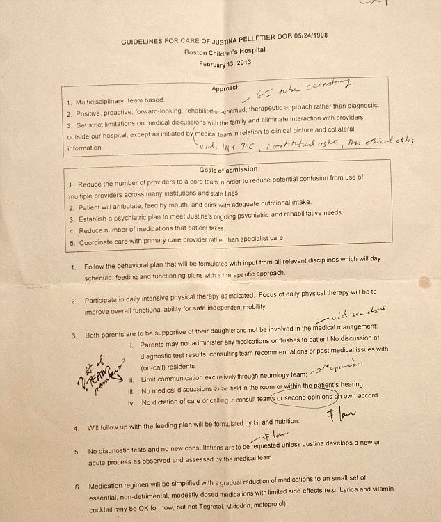 <p>Leaked Boston Children’s Hospital guidelines for Justina’s care exclude the possibility for second opinions</p>
