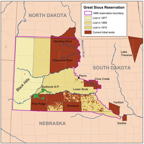 Lands lost to the 1876 Agreement (1877), the Sioux Bill (1889) and the Pine Ridge Act (1910)
