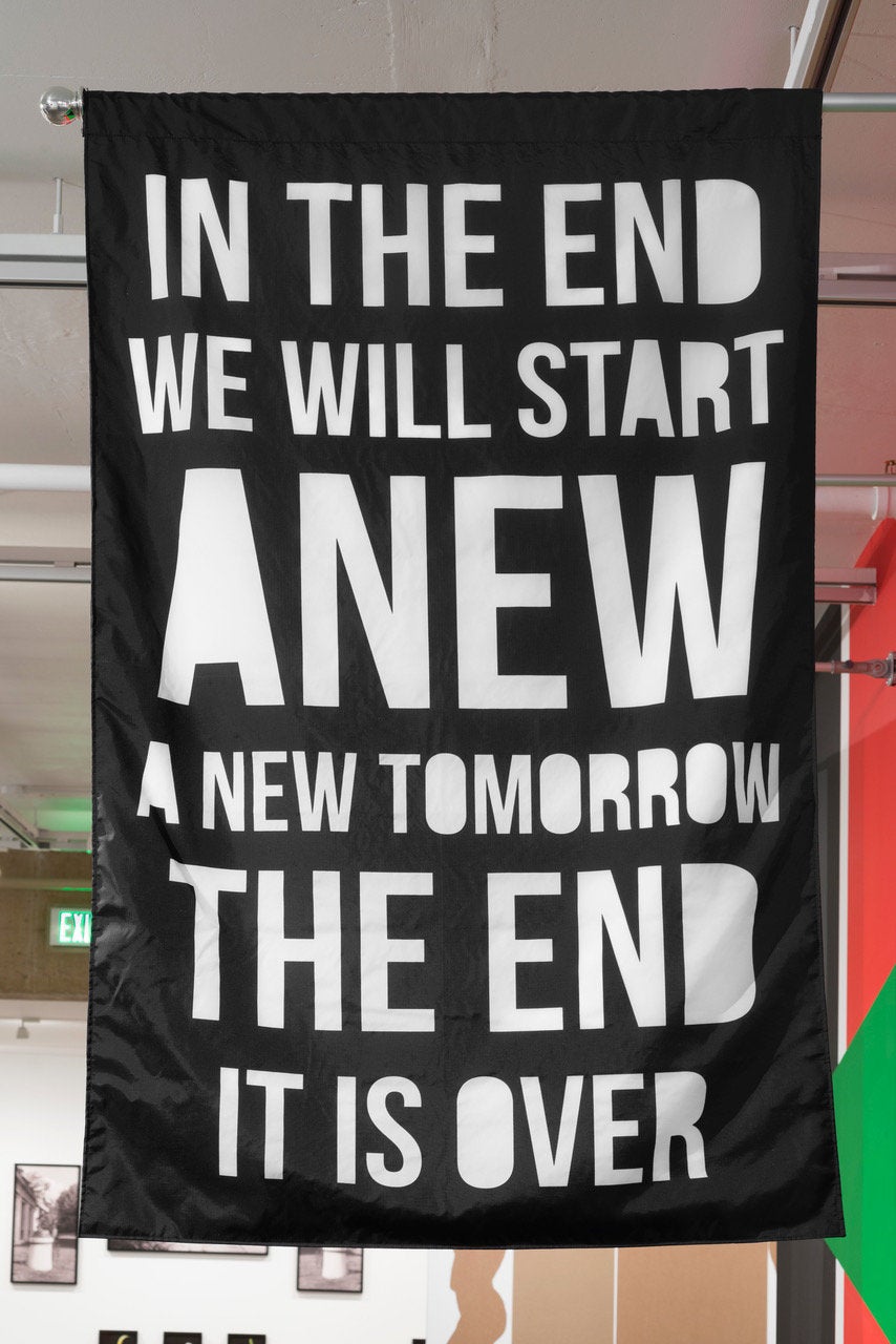 Brendan Fernandes, "The End," 2014. Installation views: wall painting and printed nylon flags.