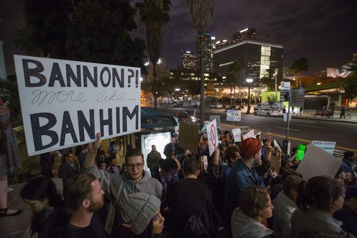 People protest the appointment of white nationalist alt-right media mogul, former Breitbart News head Steve Bannon, to be chief strategist of the White House by President-elect Donald Trump on November 16, near City Hall in Los Angeles, California.