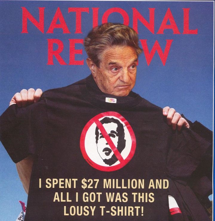 The 2004 magazine cover satirically depicting liberal donor George Soros with a Disarm Bush T-shirt. 