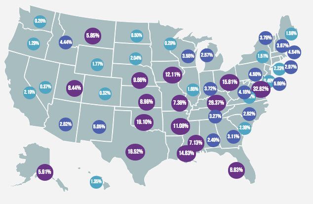 A map developed by FluksAqua shows the percentage of people in each state who dealt with a health-related water quality violation last year. The higher percentages are in purple.
