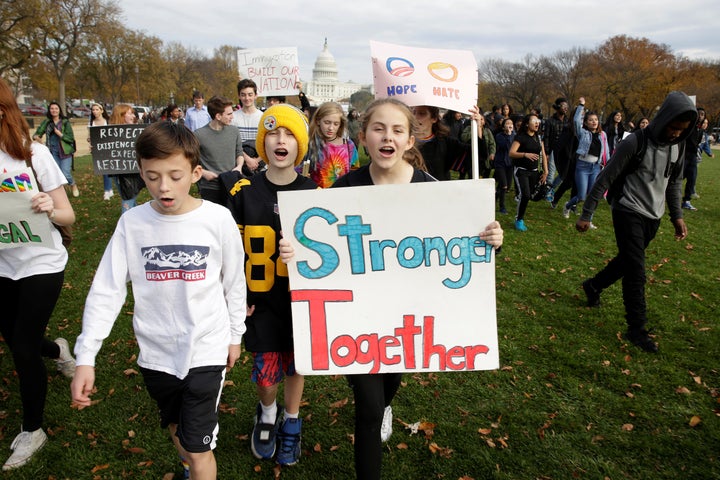 Students protest the election of Donald Trump during a march in Washington.