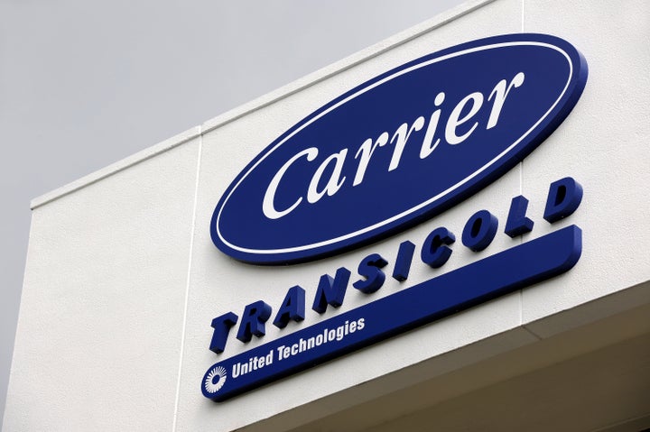 The logo of Carrier Transicold, a unit of United Technologies Ltd., is displayed outside the company's production plant in Si
