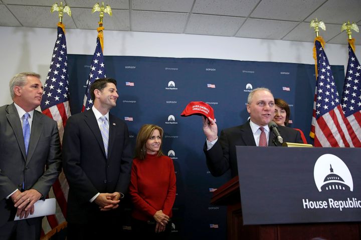 House Majority Whip Steve Scalise (R-La.) holds a "Make America Great Again" hat at news conference on Nov. 15.
