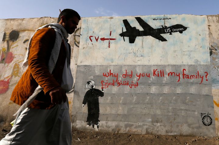 Graffiti in Sanaa, Yemen, denouncing U.S. drone strikes in the country. 