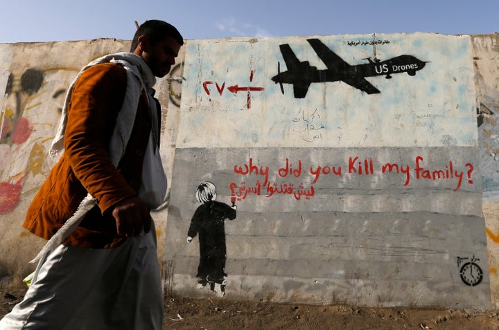 Graffiti in Sanaa, Yemen, denouncing U.S. drone strikes in the country. 