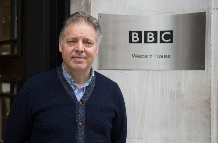 <strong>Mark Goodier in front of Western House, now renamed in honour of Terry Wogan</strong>