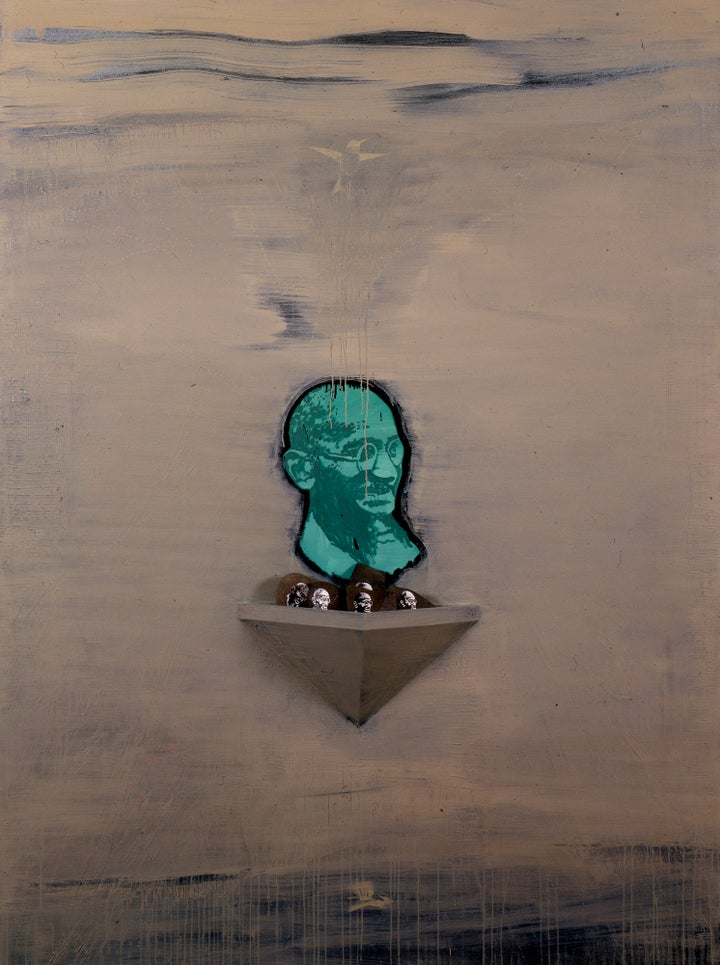 <p><em>Ghandi Painting</em>, 1990</p><p>6x8 feet</p><p>Oil paint and silkscreen with wooden tray and rocks on canvas</p>