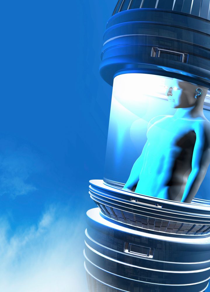 Conceptual illustration of a person in cryogenic container.
