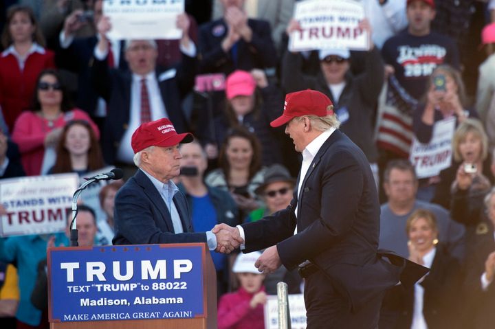 <strong>Sessions (left) endorses Trump (right) in Madison, Alabama in February</strong>