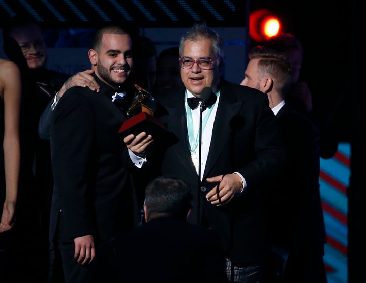 Producer Gustavo Farias accepts the award for album of the year for "Los Dúo 2" by Juan Gabriel at the 17th Annual Latin Grammy Awards in Las Vegas, Nevada, U.S., November 17, 2016. 