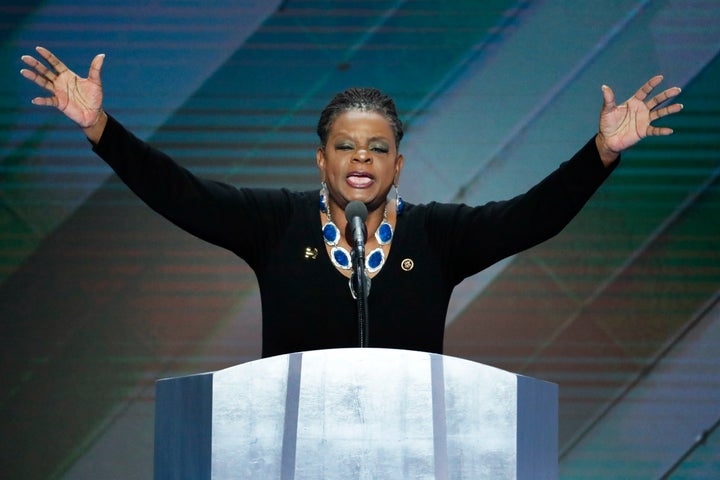 Rep. Gwen Moore (D-Wis.) speaks during the final day of the Democratic National Convention.