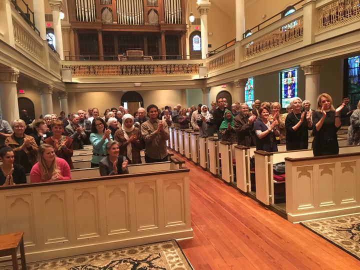 A diverse audience at St. George’s Episcopal Church gives Ahmed a standing ovation following his lecture on interfaith bridge building in a time of great uncertainty.