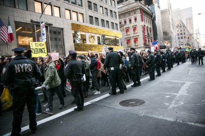 Thousands of anti-Donald Trump protesters, including many pro-immigrant groups, hold a demonstration in New York city along Union Square at 12 p.m. on Saturday, November 14, 2016.