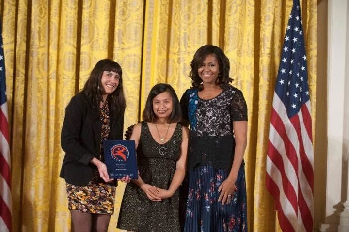  Nicole Rivera, 18. (Middle) , Senior Director of education for Next Gen Lauren Taylor (left) accepted the National Arts and Humanities Youth Program Award from the First Lady (right) on Nov 15th 2016 at the White House for Bay Area Video Coalition.(BAVC). Rivera learned how to make short documentaries in BAVC’s Next Gen Program, which teaches media literacy to low income teens. 