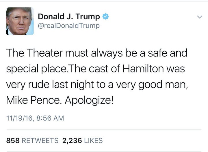 Trump mad about Hamilton Cast.